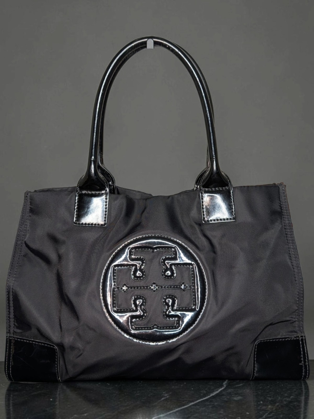 Tory Burch Ella Black Patent Leather Nylon Medium Tote